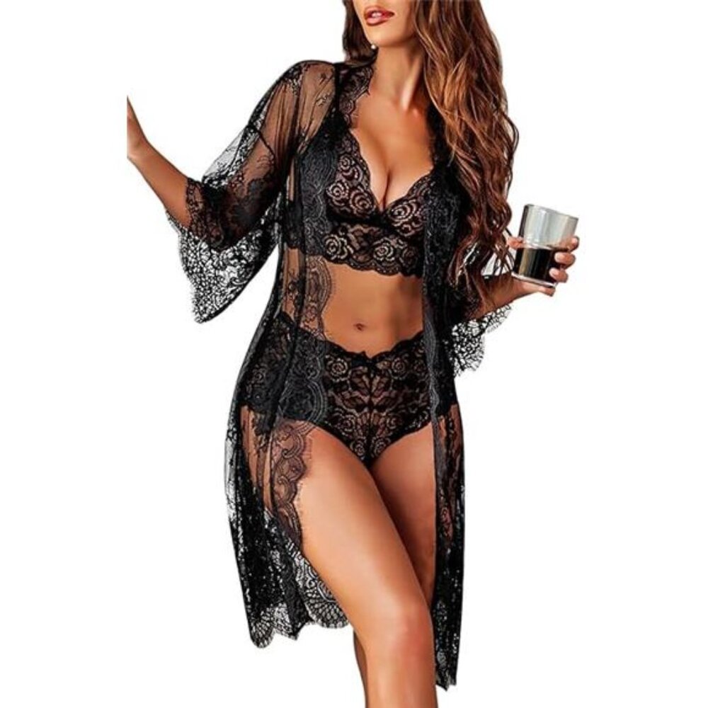 Sexy BLACK LACE LACEY 3 piece lingerie set BRA PANTIES SHEER ROBE Anniversary L - Picture 6 of 6